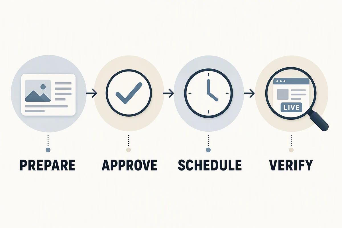 Prepare the asset, approve the final version, schedule it, then verify the live result. AI-generated infographic.