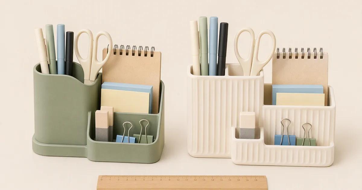 Two desk organizers hold the same stationery under matched viewing conditions.
