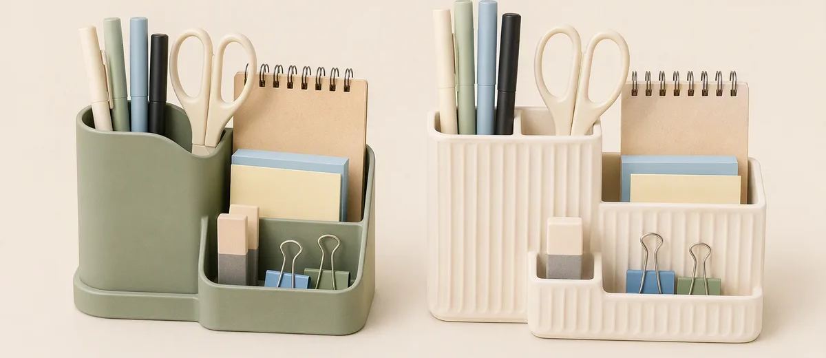 Two desk organizers hold the same stationery under matched viewing conditions.