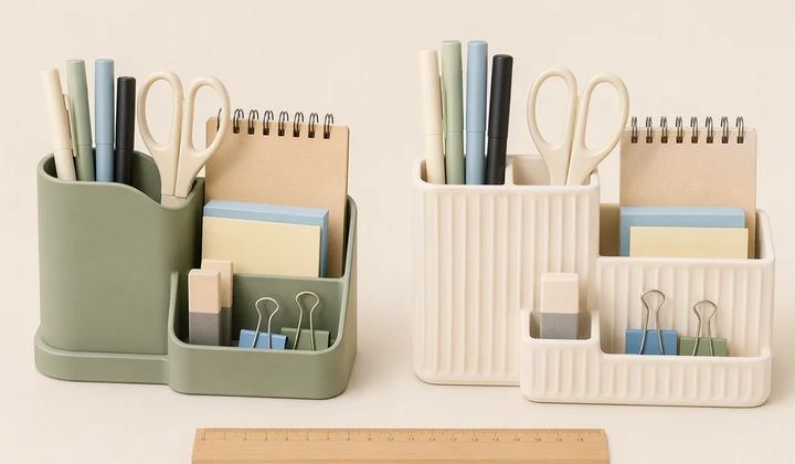 Two desk organizers hold the same stationery under matched viewing conditions.