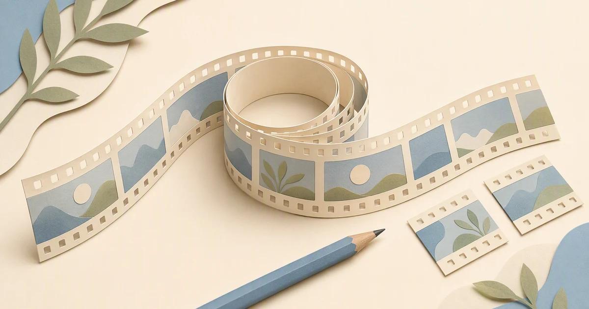 A long paper film strip is carefully arranged into a complete reel and two shorter segments.