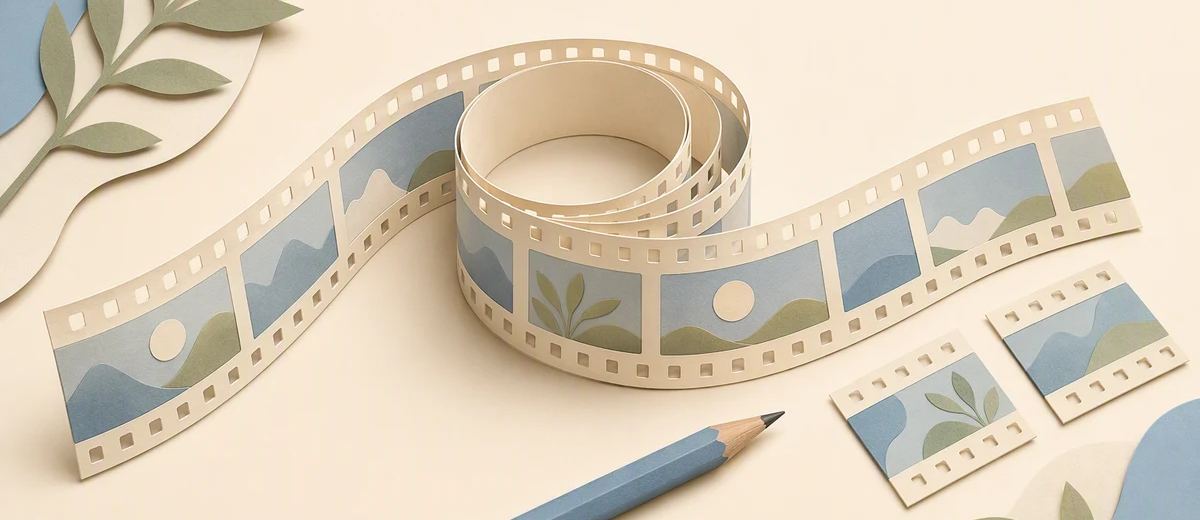 A long paper film strip is carefully arranged into a complete reel and two shorter segments.