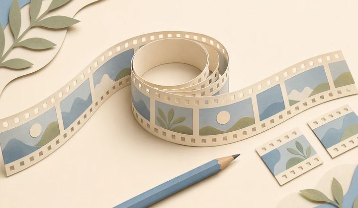 A long paper film strip is carefully arranged into a complete reel and two shorter segments.