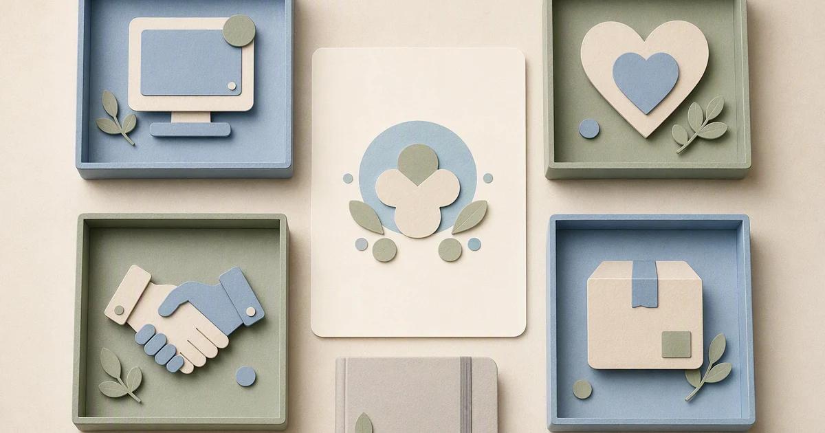 Different creator-income symbols sit in separate equal paper trays around one central content card.