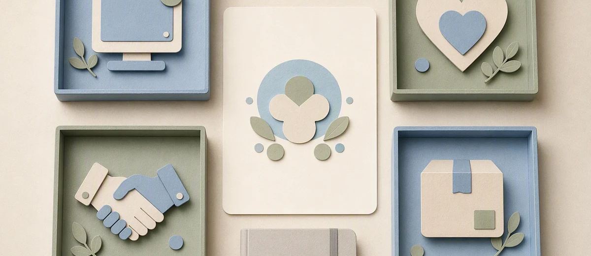 Different creator-income symbols sit in separate equal paper trays around one central content card.