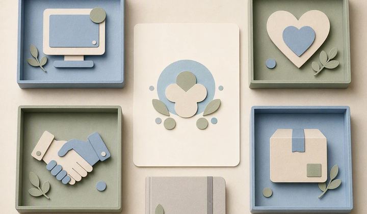 Different creator-income symbols sit in separate equal paper trays around one central content card.