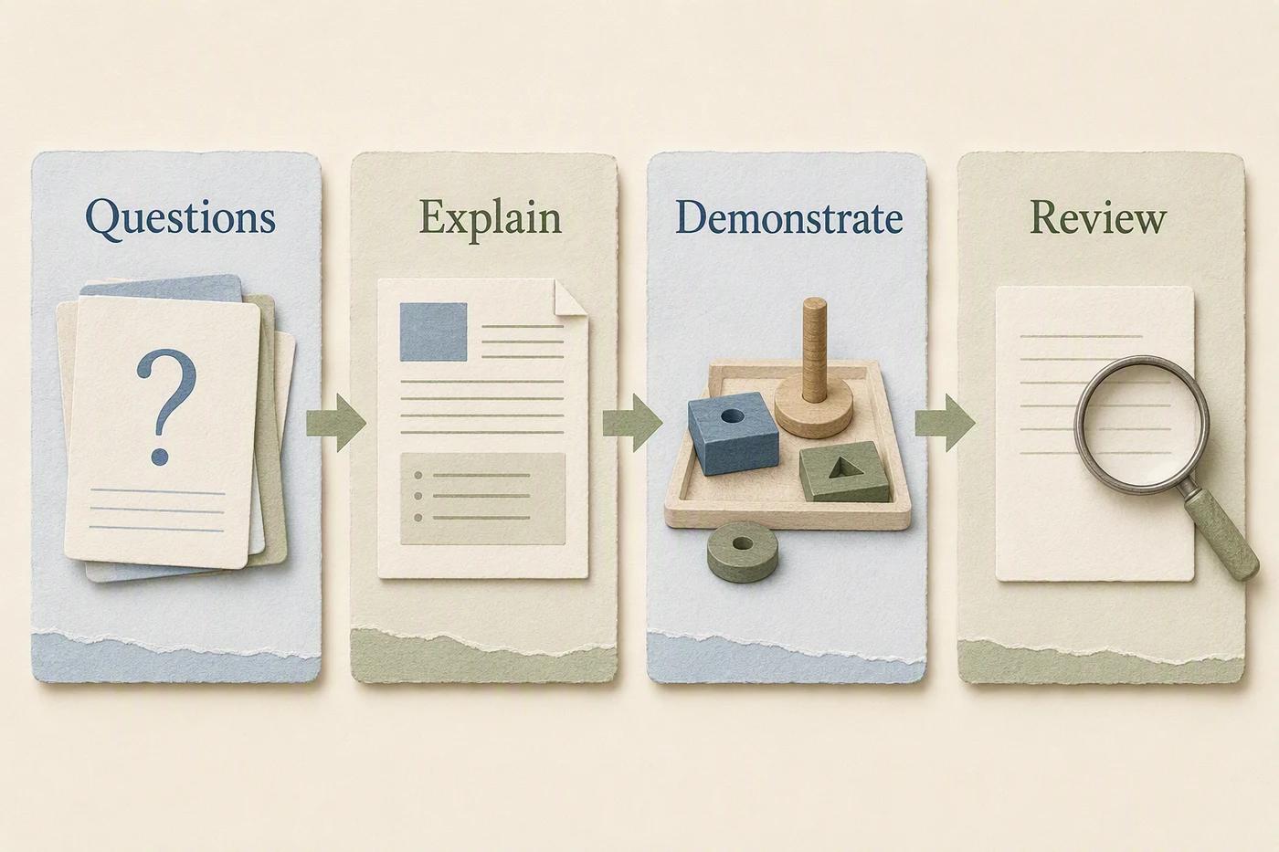 A four-week content cycle moving through questions, explanation, demonstration, and review.