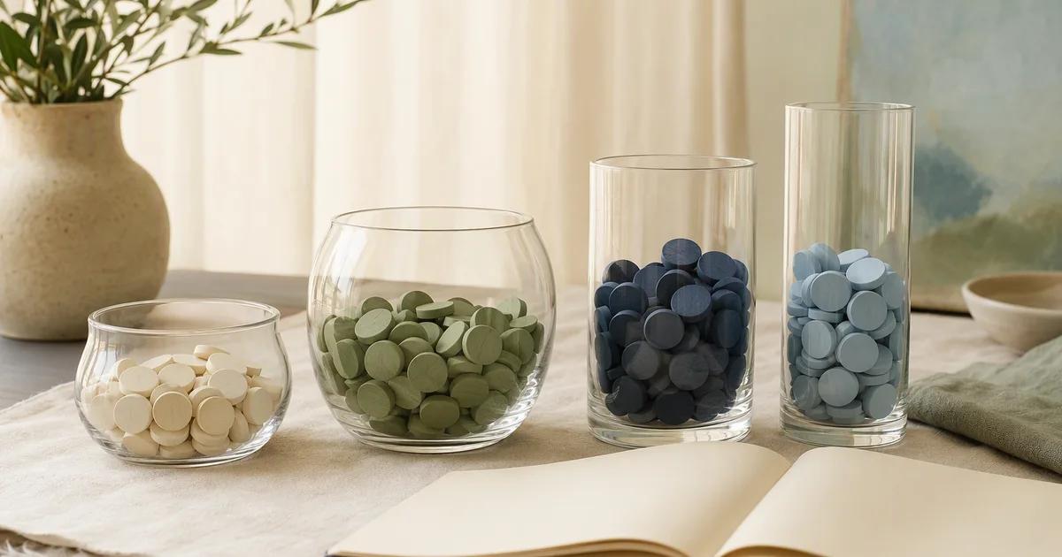 Clear glass vessels holding different amounts of colored wooden counters.
