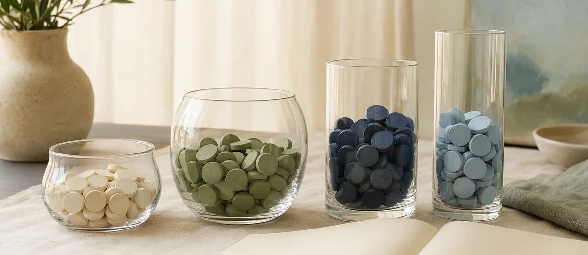 Clear glass vessels holding different amounts of colored wooden counters.
