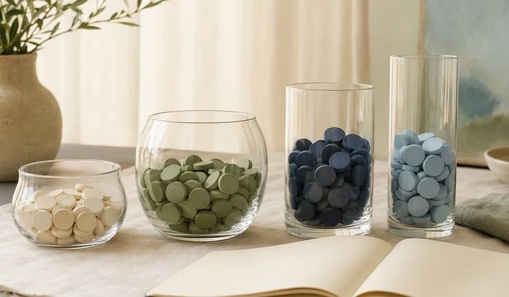 Clear glass vessels holding different amounts of colored wooden counters.