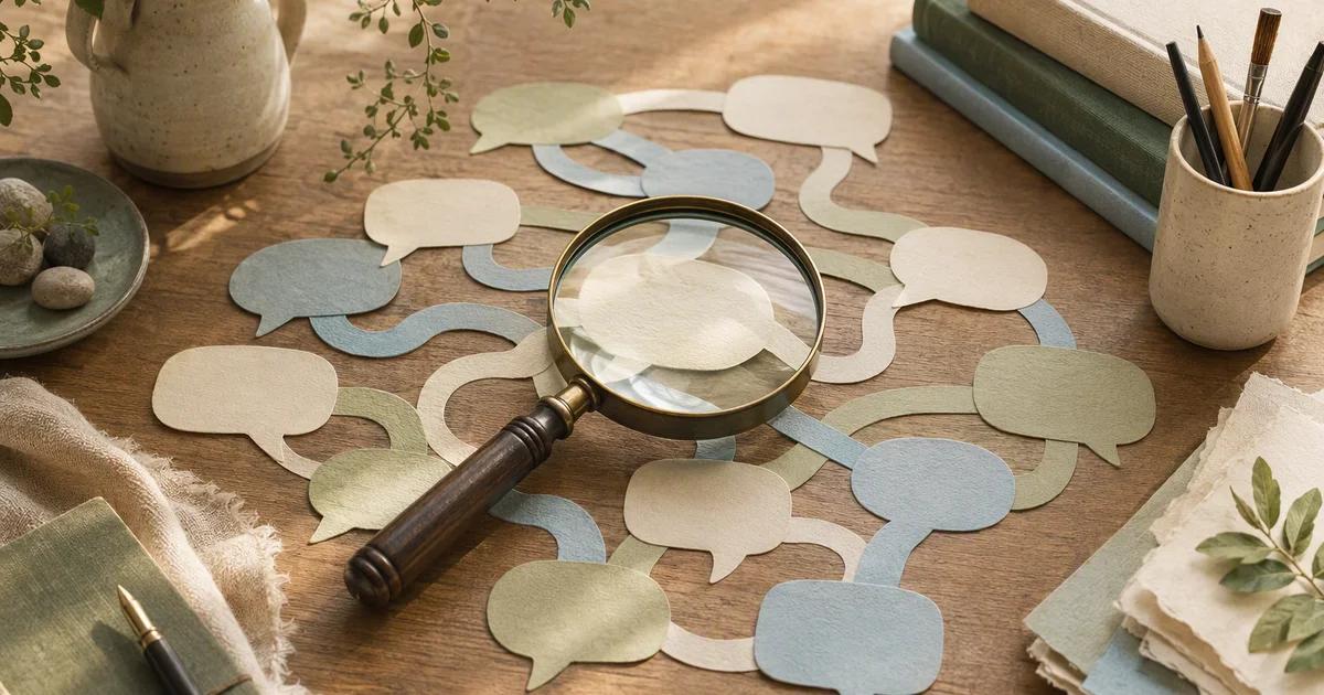 A hand lens over paper conversation paths on a quiet desk.