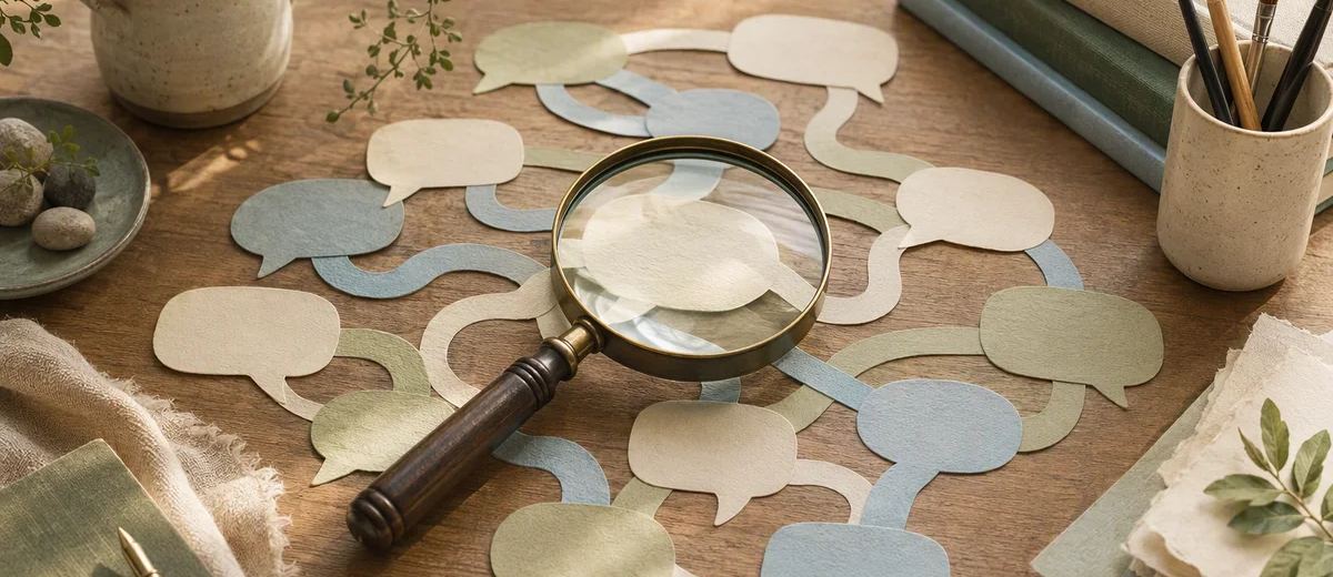A hand lens over paper conversation paths on a quiet desk.