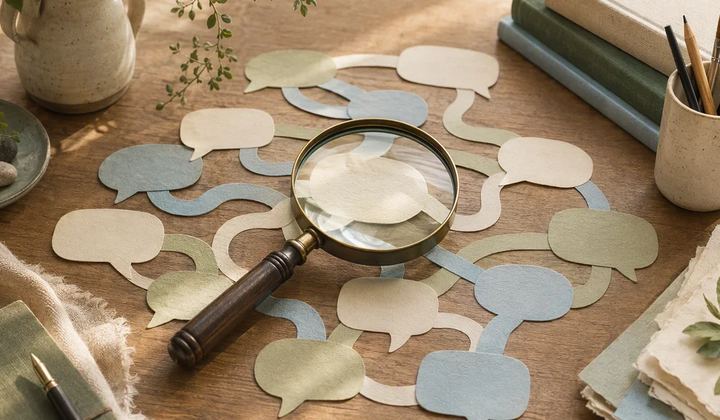 A hand lens over paper conversation paths on a quiet desk.