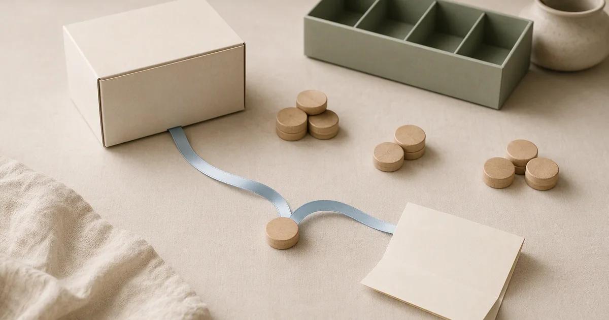 A small product box sits beside grouped wooden tokens, a blue ribbon, and folded blank cards.