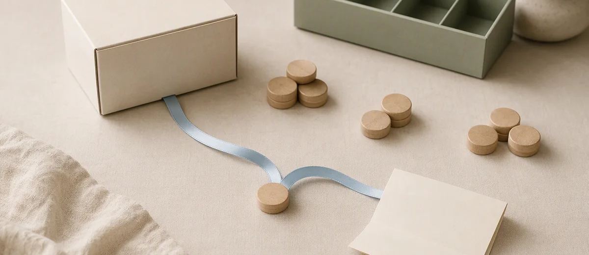 A small product box sits beside grouped wooden tokens, a blue ribbon, and folded blank cards.