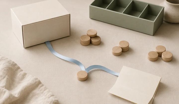 A small product box sits beside grouped wooden tokens, a blue ribbon, and folded blank cards.