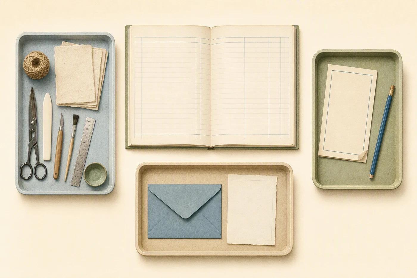 Three separate trays hold craft tools, blank paper with a pencil, and an envelope beside an open ledger.