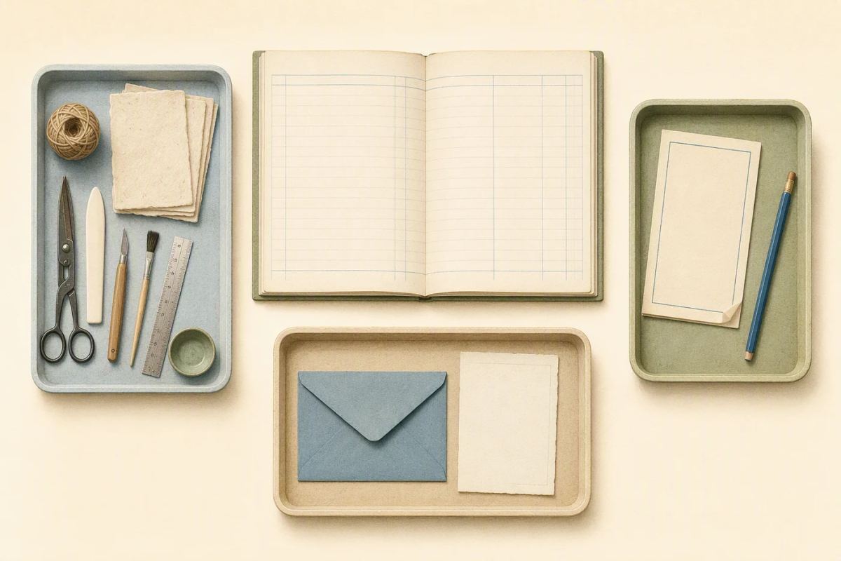 Three separate trays hold craft tools, blank paper with a pencil, and an envelope beside an open ledger.