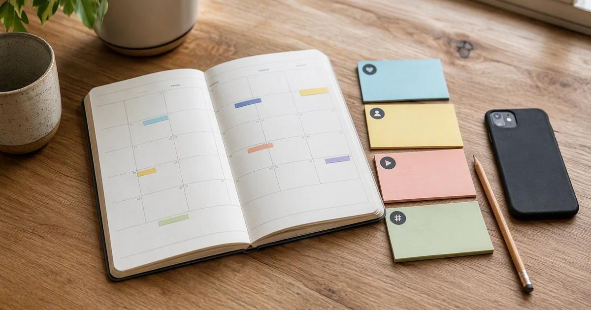 AI-generated illustration of a paper content calendar, planning cards, phone, and pencil on a sunlit wooden desk.