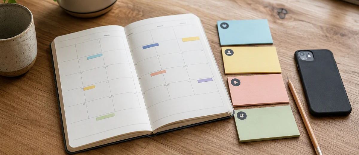 AI-generated illustration of a paper content calendar, planning cards, phone, and pencil on a sunlit wooden desk.