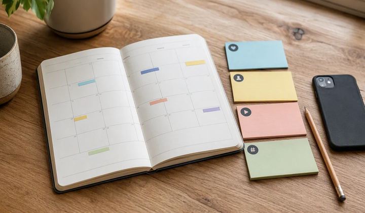 AI-generated illustration of a paper content calendar, planning cards, phone, and pencil on a sunlit wooden desk.