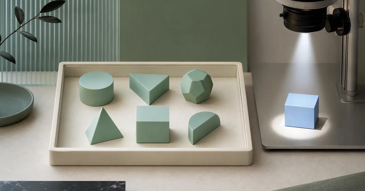 An ivory inspection tray holding several mint geometric pieces, with one pale blue piece separated for review under a precise beam of light