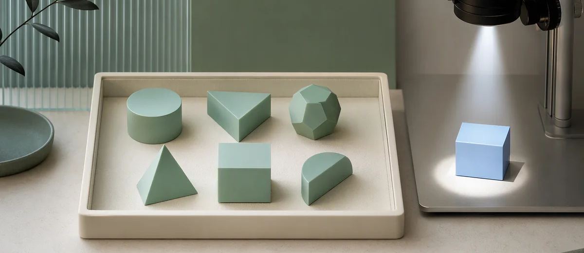An ivory inspection tray holding several mint geometric pieces, with one pale blue piece separated for review under a precise beam of light
