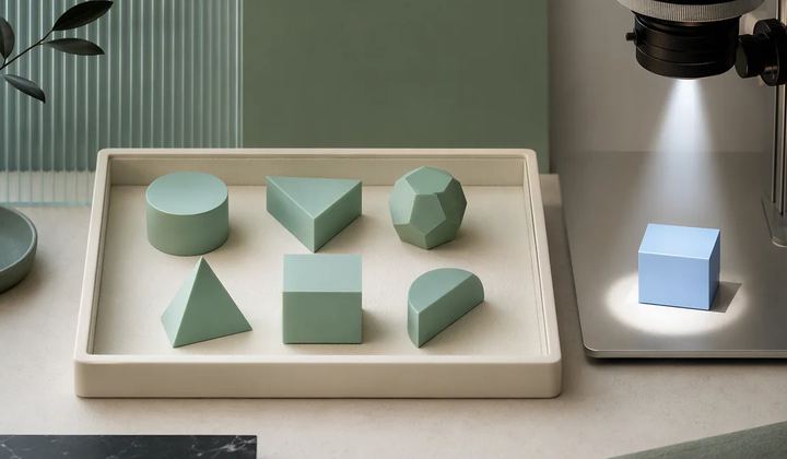 An ivory inspection tray holding several mint geometric pieces, with one pale blue piece separated for review under a precise beam of light