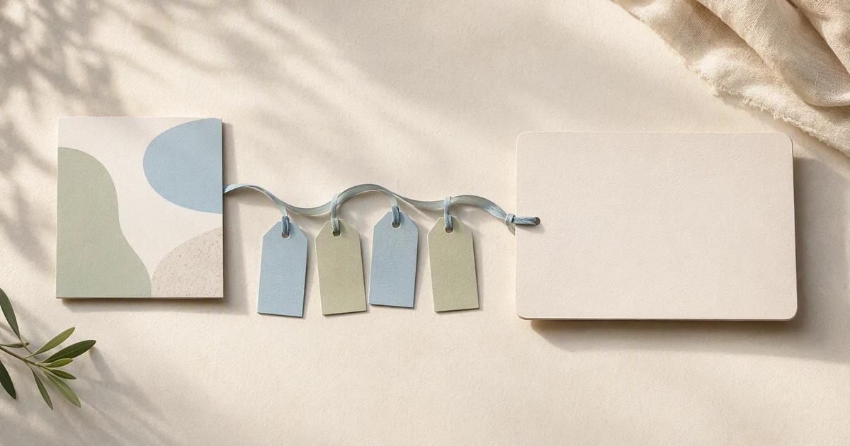 Four colored paper tags traveling along a ribbon toward a blank destination card.