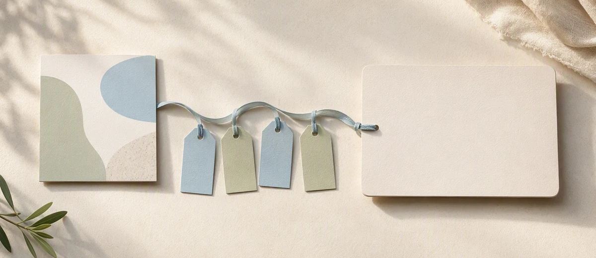Four colored paper tags traveling along a ribbon toward a blank destination card.
