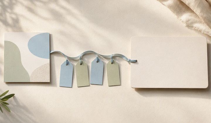 Four colored paper tags traveling along a ribbon toward a blank destination card.