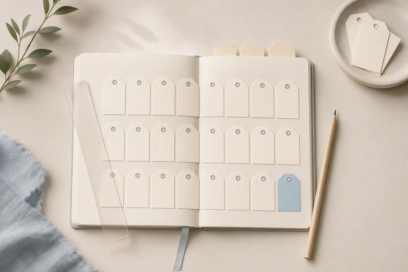An open notebook holds rows of blank tags with one blue tag, beside a pencil and clear bookmark.