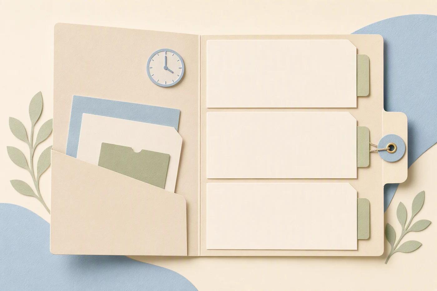 A tidy evidence folder holds a dated-style note, a notice card, and a contact record.