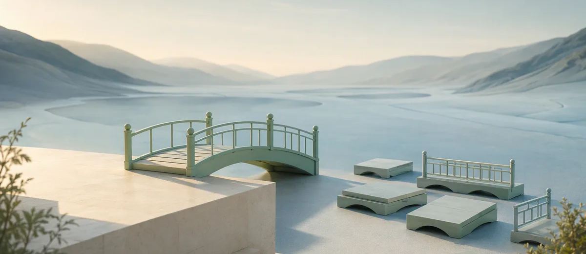 A small completed footbridge with unfinished modular pieces beside its starting platform
