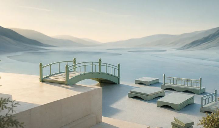 A small completed footbridge with unfinished modular pieces beside its starting platform