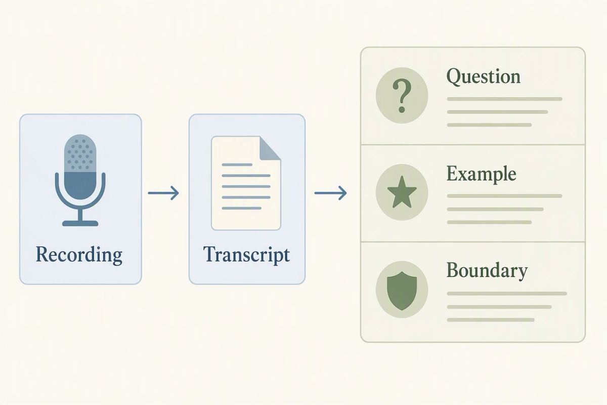 A webinar source map connecting a recording and transcript with question, example, and boundary fields.