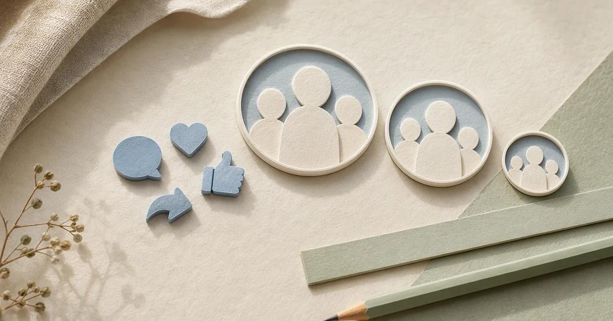Paper interaction tokens beside three differently sized audience frames on an ivory desk.
