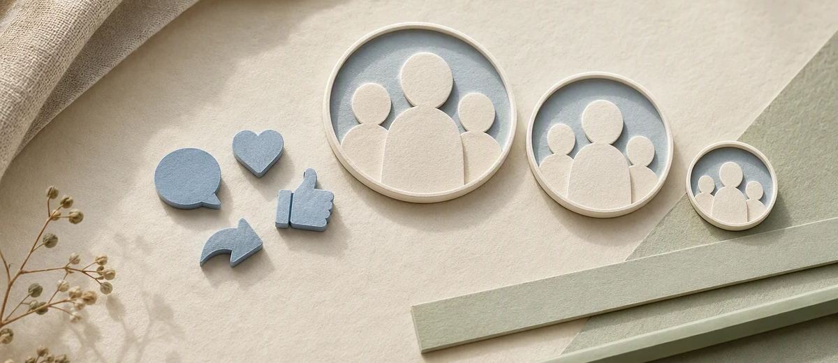 Paper interaction tokens beside three differently sized audience frames on an ivory desk.