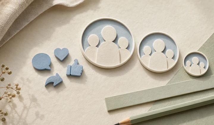 Paper interaction tokens beside three differently sized audience frames on an ivory desk.