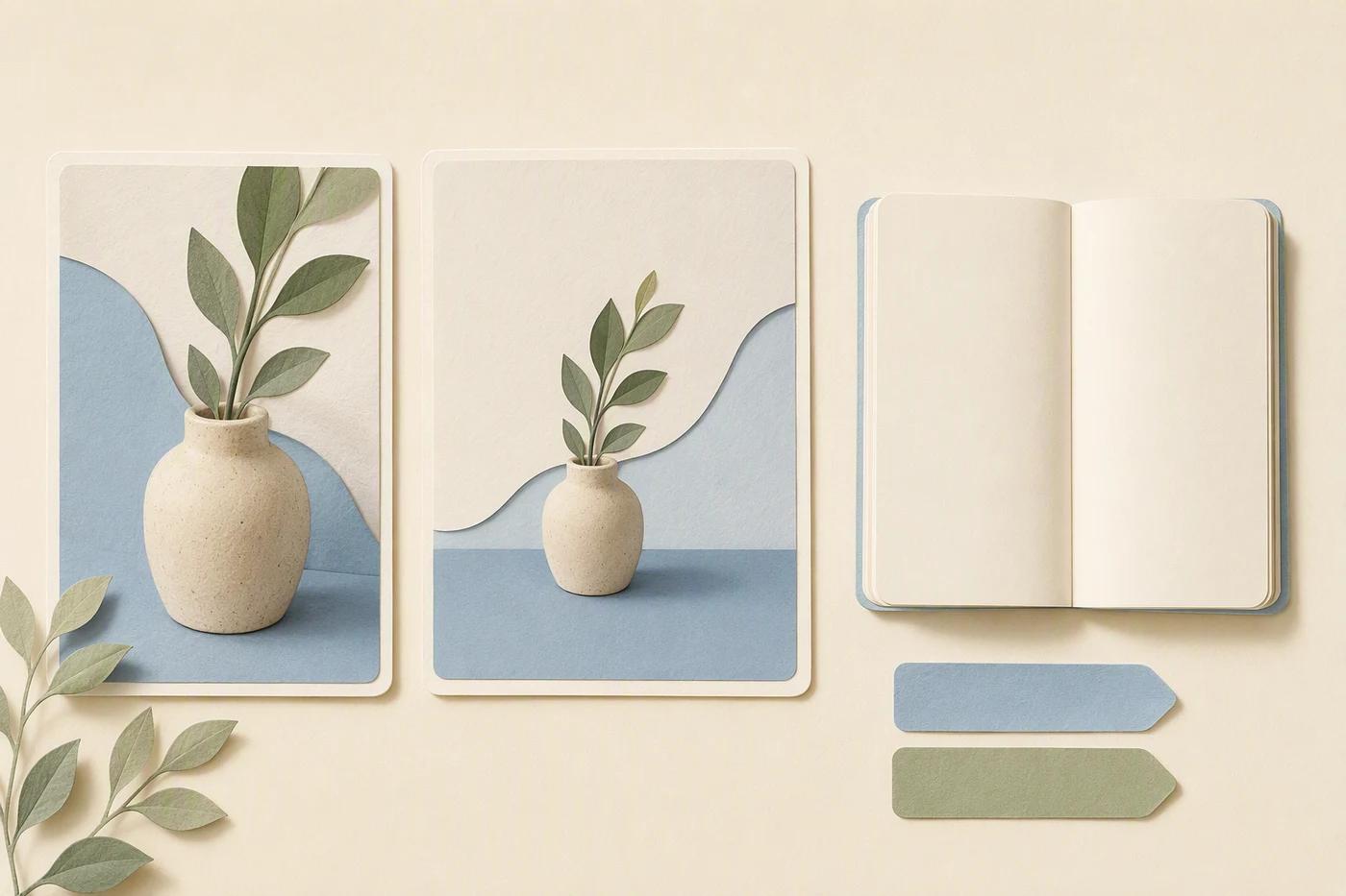 Two cards show different framing of a leafy vase beside an open blank notebook.
