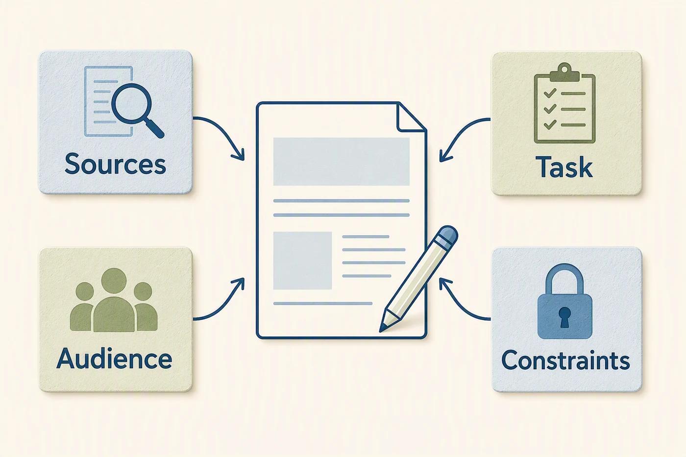 Four input cards labeled Sources, Audience, Task, and Constraints forming a prompt brief.