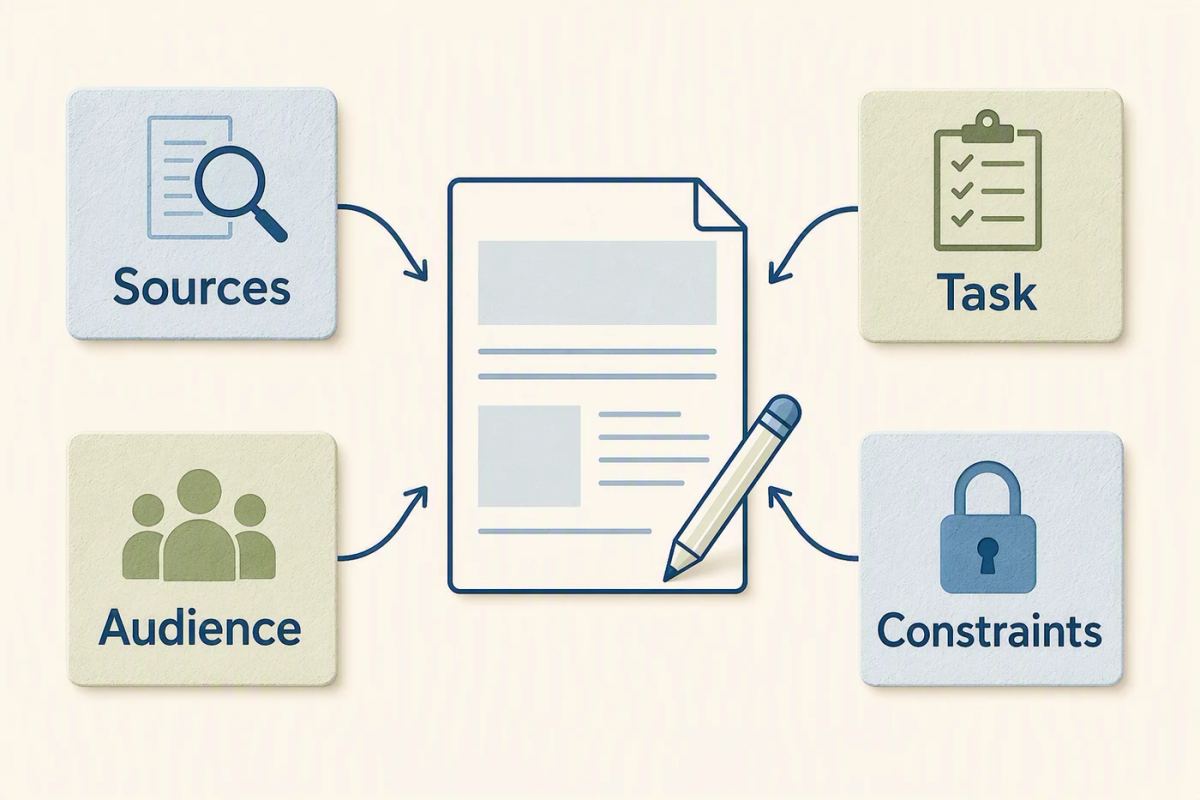 Four input cards labeled Sources, Audience, Task, and Constraints forming a prompt brief.