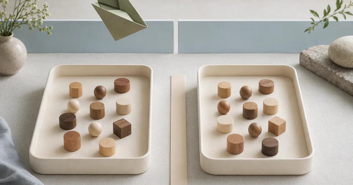 Two trays of wooden tokens sit side by side, with a paper plane suspended above the left tray.