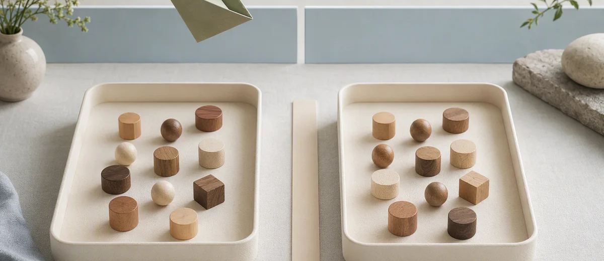 Two trays of wooden tokens sit side by side, with a paper plane suspended above the left tray.