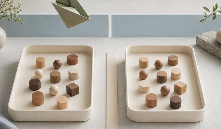 Two trays of wooden tokens sit side by side, with a paper plane suspended above the left tray.