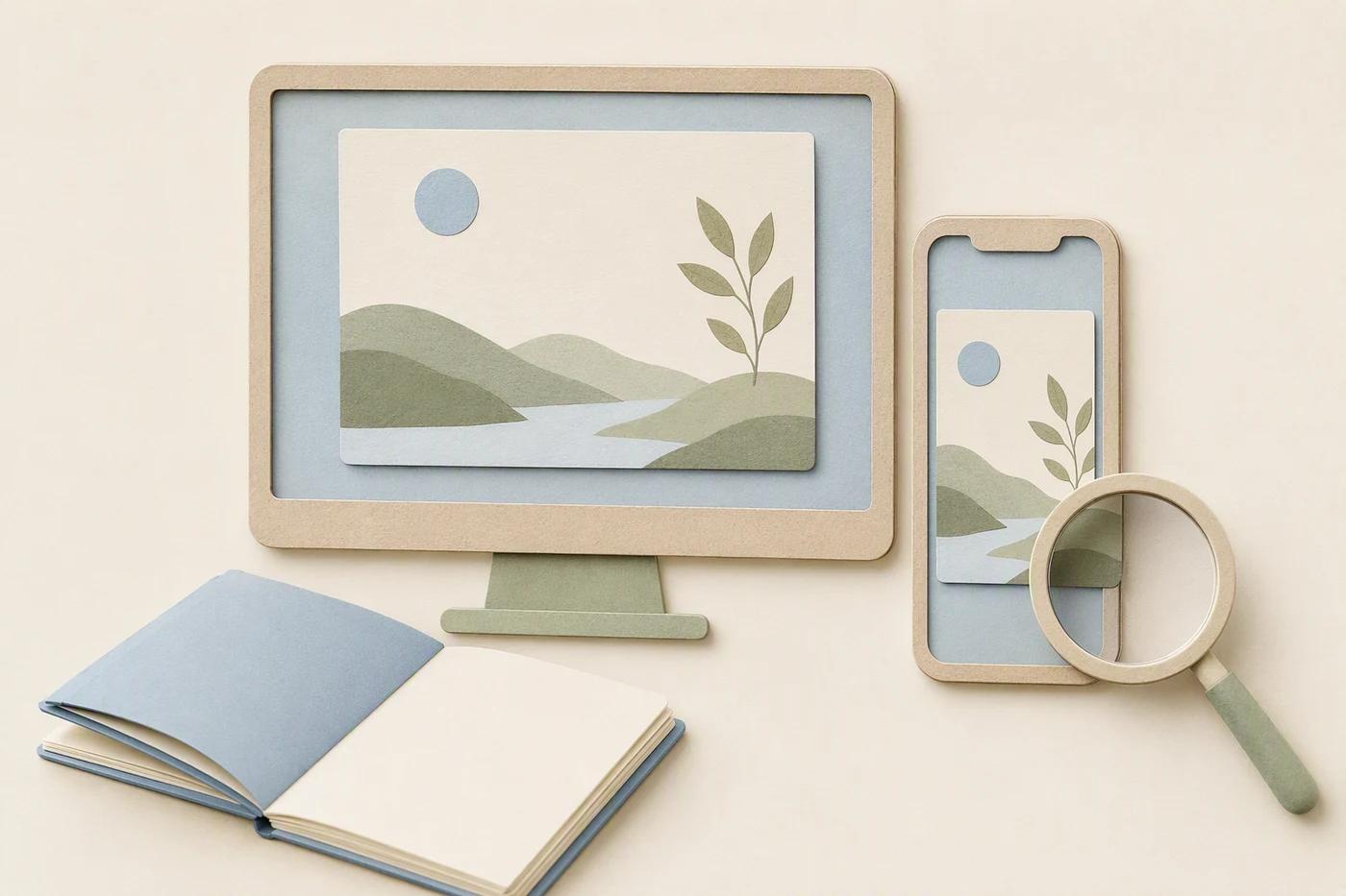 The same visual card is inspected in a wide screen frame and a narrow phone frame beside a correction notebook.