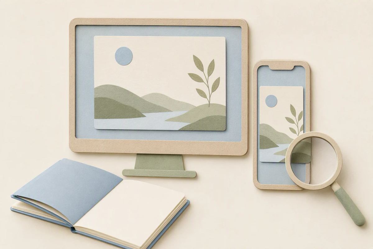 The same visual card is inspected in a wide screen frame and a narrow phone frame beside a correction notebook.