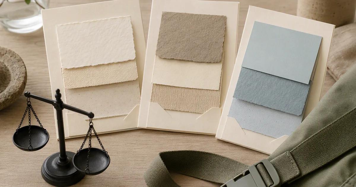 Three material-swatch boards stand beside a small balance scale and a backpack strap.