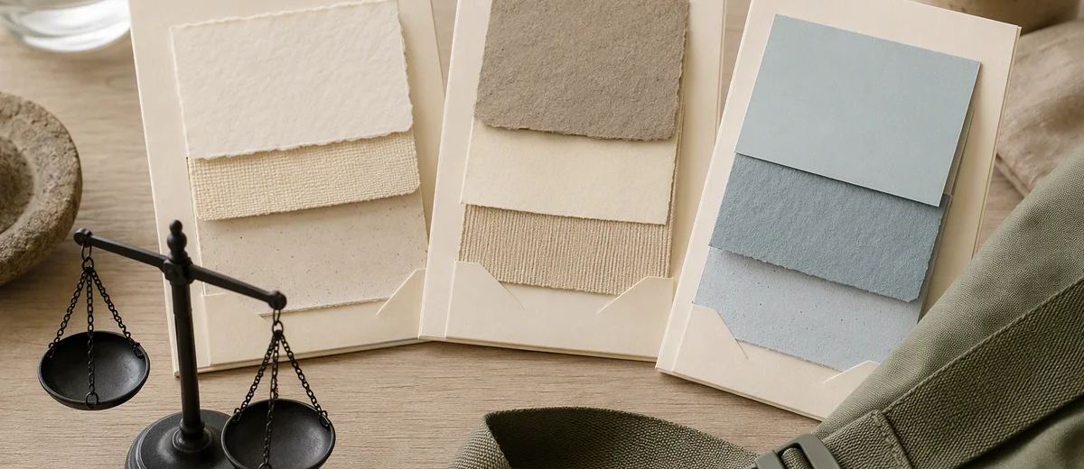 Three material-swatch boards stand beside a small balance scale and a backpack strap.