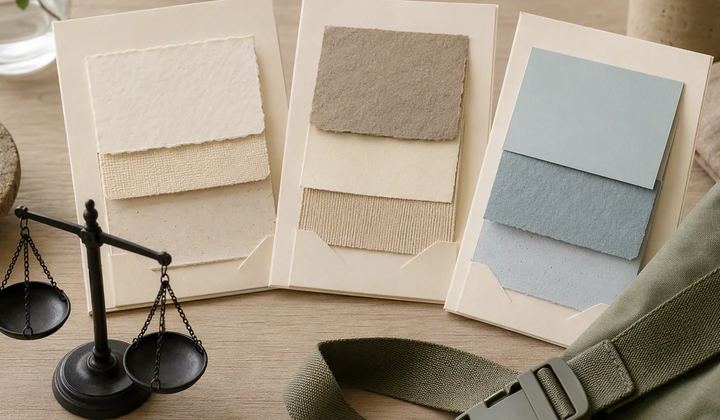 Three material-swatch boards stand beside a small balance scale and a backpack strap.